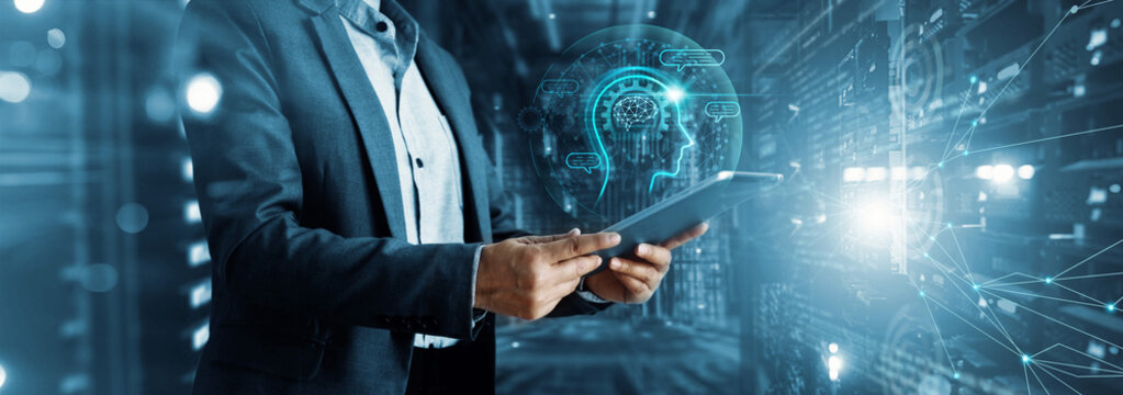 AI, Artificial Intelligence. Machine learning, Chatbot, Businessman using AI technology for data analysis business, coding computer language with digital brain. - Powered by Adobe