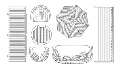 Top view of furniture icons for interior and landscape design plan. Sunbed, armchairs, table, terrace, patio, garden, porch zone. Vector outline sketch drawing isolated on transparent background. © Creative_Juice_Art