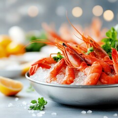 Plate of shrimp garnished with lemon slices and parsley on a wooden table