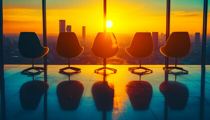 Modern chairs silhouetted against a vibrant sunset cityscape, reflecting on a polished floor; conveying themes of success, opportunity, and ambition.