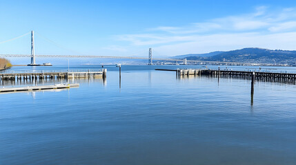 Obraz premium Calm Bay with Suspension Bridge and City Skyline