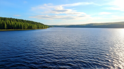 Calm lake, summer forest, sunny day, peaceful nature scene, ideal for travel brochures