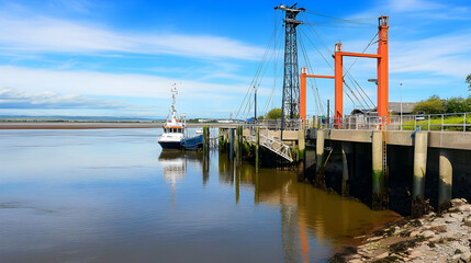 Fototapeta premium Calm river, fishing boat at dock, sunny day, industrial background, perfect for travel/tourism brochures