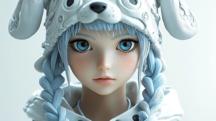 Pop Mart style, white tones, simple style, sports posture, exquisite details, blind box art style, high contrast, this is Pop Mart blind box character design, white background, high-definition resolut