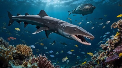 Fototapeta premium Bio luminescent Ecosystem: Frilled Shark and Deep-Sea Creatures in Harmony