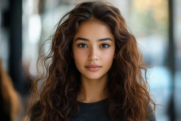 young indian woman standing with long brown hair