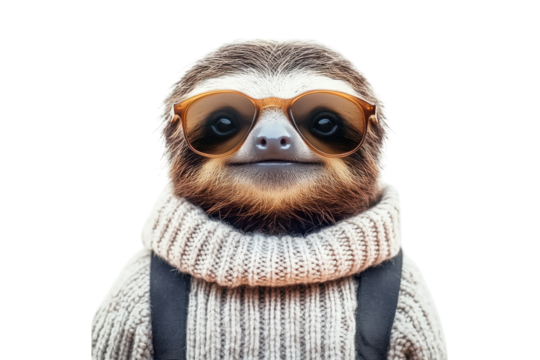 Sloth wearing knitted sweater and glasses isolated on white or transparent PNG