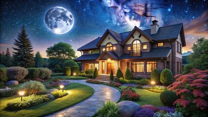 Panoramic night photography captures a beautiful, residential masterpiece: Moonlight Mansion.