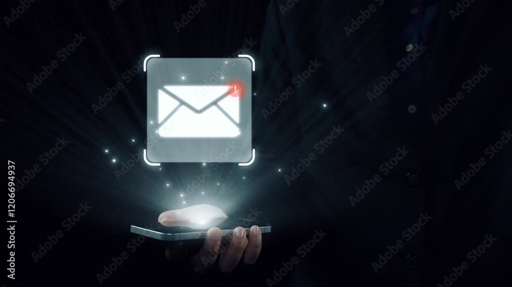 Poster business person checking email inbox, organizing and prioritizing messages for better productivity. 