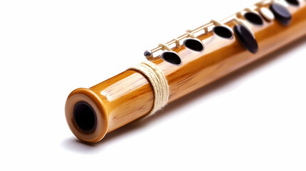 Fototapeta premium Close-up of a wooden flute isolated on white background, ideal for musical instrument websites or educational materials