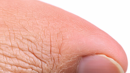 Fototapeta premium Close-up of human thumb, detailed skin texture, white background, medical or cosmetic use