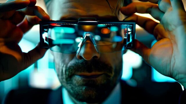 A business man putting on smart glasses, close up shot, futuristic office background, hyperrealistic