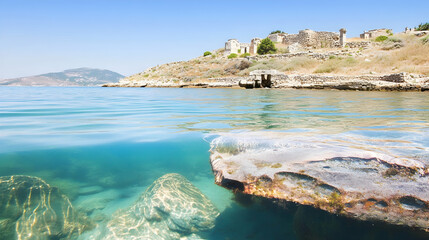 Obraz premium Coastal Ruins Turquoise waters lap against ancient stone ruins on a sunny day, idyllic background for travel brochures