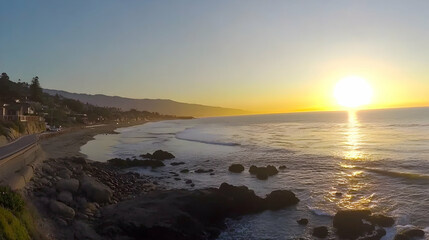 Coastal sunset, highway road, ocean waves, beach homes, tranquil scene; perfect for travel brochures