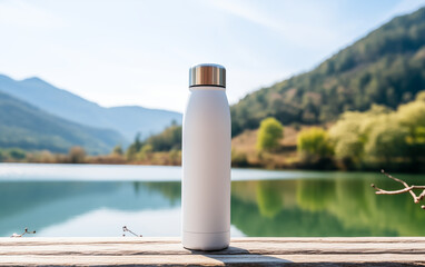 reusable thermo water bottle with a lake in the background, outdoor concept