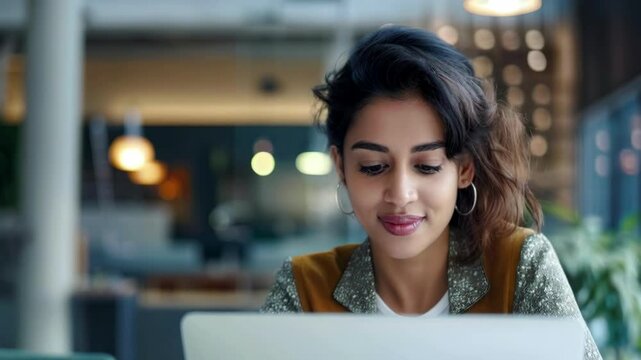 Editorial eyelevel shot of an attractive indian woman in her late thirties working on laptop inside modern office