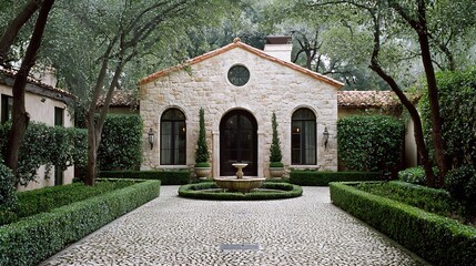 Traditional European manor with stone walls tall arched windows and a grand entrance with a circular driveway Manicured hedges and a fountain grace the front garden