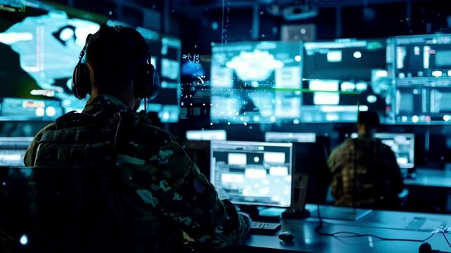 A military command center with soldiers and digital screens displaying maps