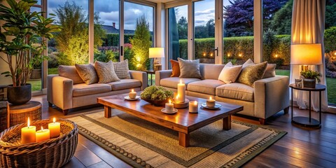 Fototapeta premium Relaxing patio view enhances this cozy living room, featuring candles, a plush rug, and inspiring interior design.