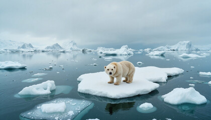 Polar bear standing on drifting ice in Arctic ocean, wildlife conservation