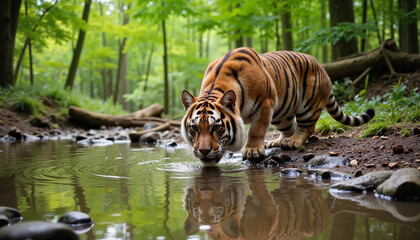 Bengal tiger drinking water by forest stream in natural light, wildlife
