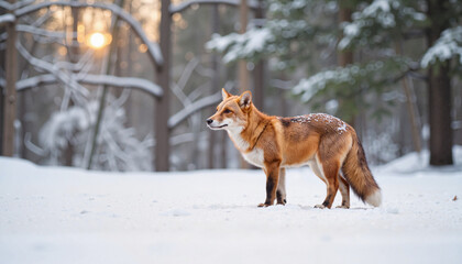 Graceful red fox standing in snowy landscape at dawn, wilderness beauty