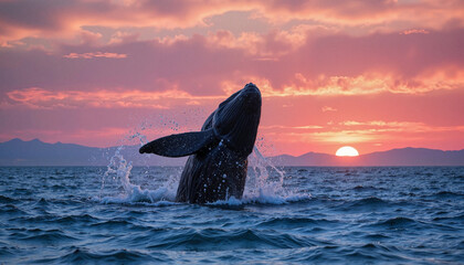 Humpback whale breaching at sunset over the ocean, wildlife magnificence