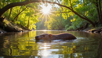 Platypus swimming in sunlight-dappled Australian creek, natural habitat