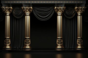Elegant black drapes framing gold pillars against a dark background.