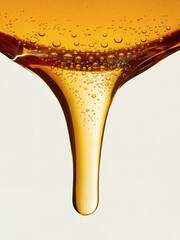 A viscous, amber-colored liquid, possibly honey or syrup, that is dripping from a point. The liquid has numerous tiny bubbles suspended within it, giving it a sparkling appearance