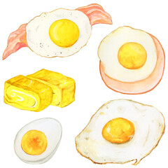 手描き水彩の美味しそうな卵料理のイラストセット