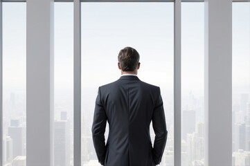 Fototapeta premium Businessman looking out cityscape window.