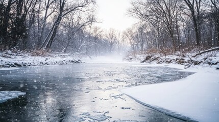 Fototapeta premium Winter Wonderland: A Snowy River Scene