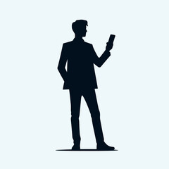 Obraz premium Standing with a phone in hand silhouette in black on a white background