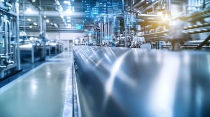 Fototapeta premium A cutting-edge factory with sleek metallic surfaces, data visualizations floating mid-air, deep blue lighting, blurred machinery adding a sense of mystery and innovation