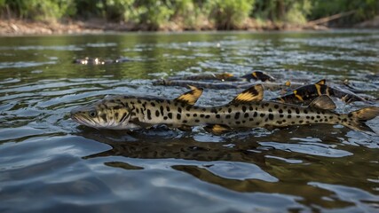 Fototapeta premium Tiger Shovel nose Catfish Among Other Catfish Species in River Habitat