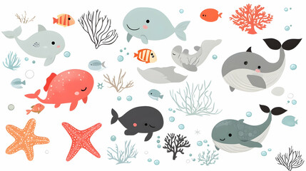 Cute whale cartoon ocean animals underwater illustration for kids