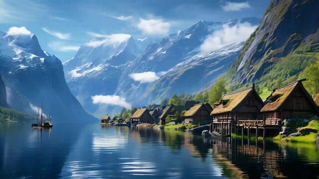 Scandinavian Fjord: A medieval village beside a tranquil fjord, with wooden longhouses, a Viking-style mead hall