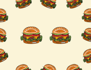 doodle burger pattern background. doodle fast food burger seamless pattern background. seamless pattern of hamburger in doodle style. Seamless Pattern of a Cheese Burger or Hamburger.