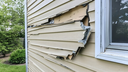 Damaged beige vinyl siding on house exterior near window, backyard visible. Home repair, insurance claim image