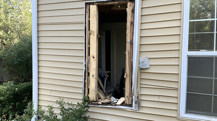 Fototapeta premium Damaged exterior door frame, home renovation, debris inside, siding visible, for insurance claims