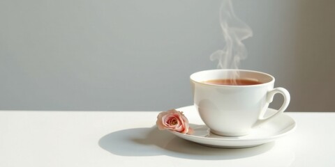 Aromatic Tea in a White Cup with a Delicate Pink Rose on a Saucer