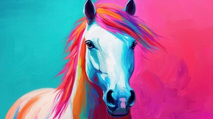 A vibrant, colorful painting of a horse with a striking mane, set against a bright blue and pink background.