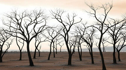 Dead trees landscape, barren field, sunset sky, environmental damage, ecological disaster