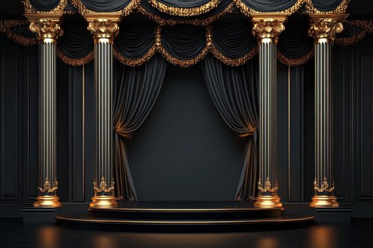 Elegant black and gold stage with pillars and curtains.