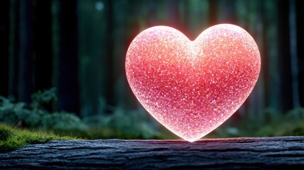 Glowing Pink Glitter Heart in Dark Forest Romantic Nature Scene Love Symbol