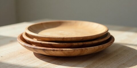 Obraz premium Stack of three rustic wooden plates on light wooden table in sunlight