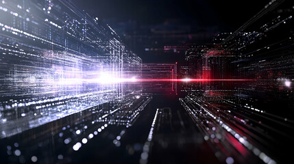 Digital data streams converge, futuristic city background, network connection visualization, tech illustration