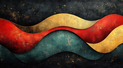Obraz premium Abstract Wave Art: Red, Gold, and Teal Swirls on Dark Background