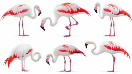 Fototapeta premium Eight flamingos in various poses against a white background, ideal for wildlife or nature publications